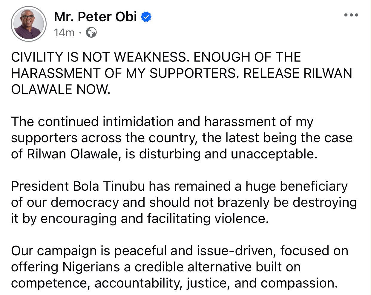 Peter Obi demands release of his supporter allegedly arrested in Lagos